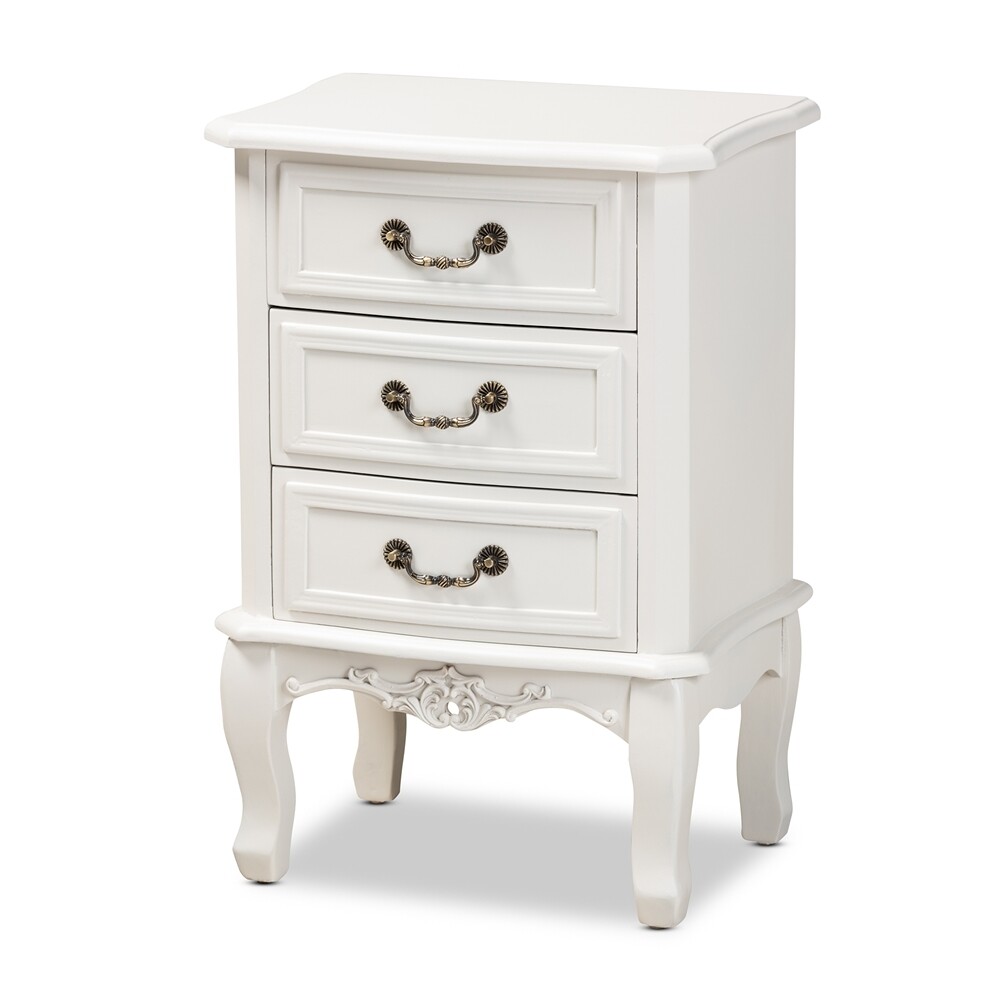 BAXTON STUDIO GABRIELLE TRADITIONAL FRENCH COUNTRY PROVINCIAL WHITE-FINISHED 3-DRAWER WOOD END TABLE