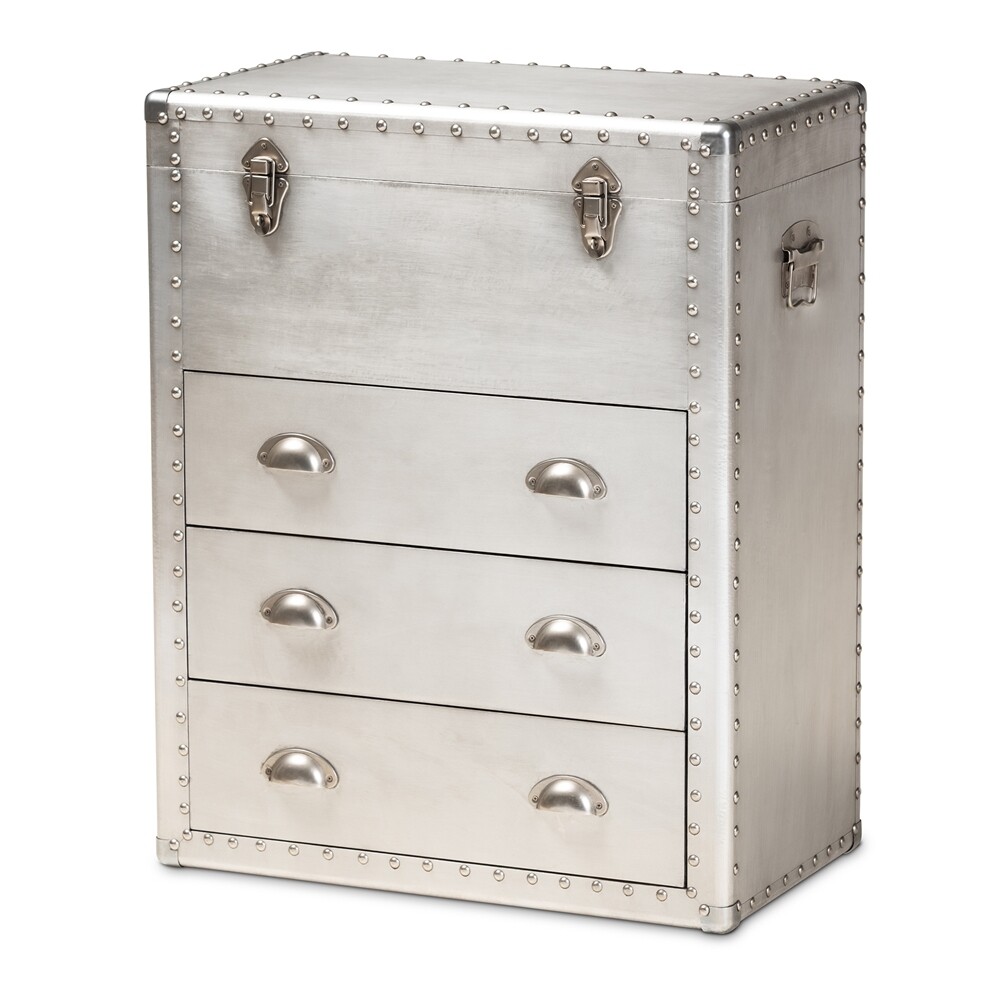 BAXTON STUDIO SERGE FRENCH INDUSTRIAL SILVER METAL 3-DRAWER ACCENT STORAGE CABINET