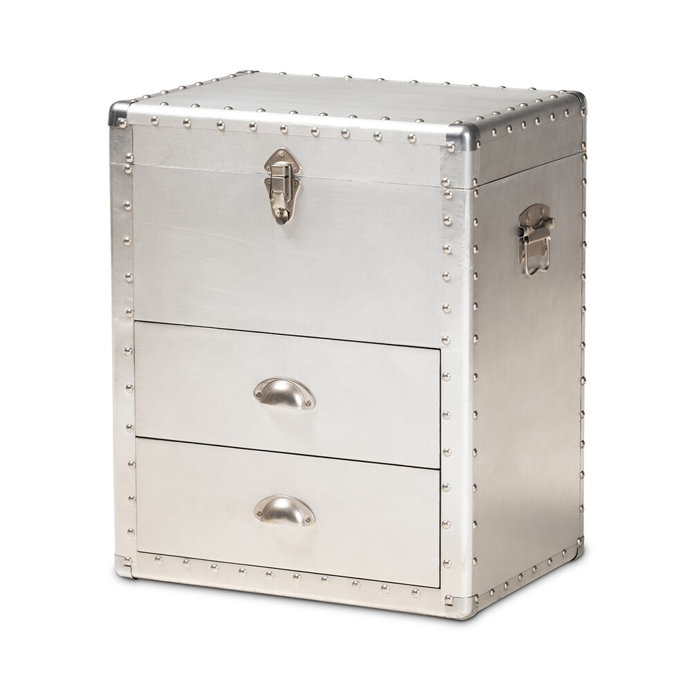 BAXTON STUDIO SERGE FRENCH INDUSTRIAL SILVER METAL 2-DRAWER ACCENT STORAGE CABINET