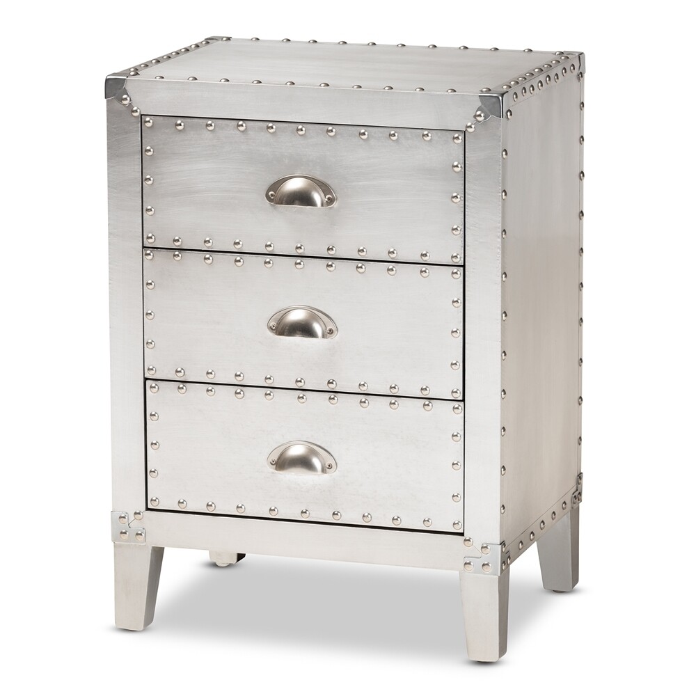 BAXTON STUDIO CLAUDE FRENCH INDUSTRIAL SILVER METAL 3-DRAWER END TABLE