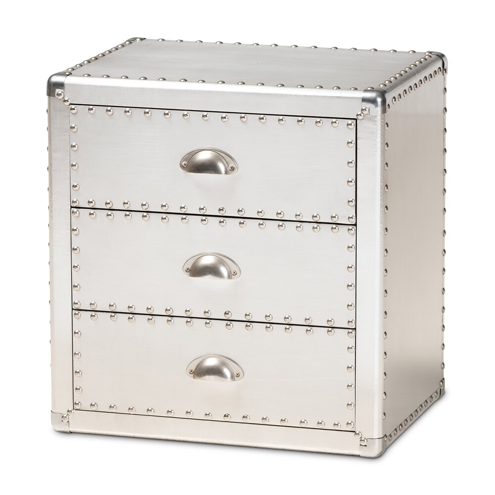 BAXTON STUDIO ARMEL FRENCH INDUSTRIAL SILVER METAL 3-DRAWER END TABLE