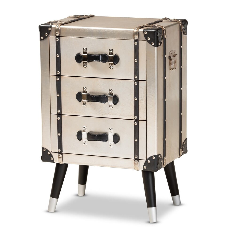 BAXTON STUDIO DILAN VINTAGE INDUSTRIAL ANTIQUE SILVER FINISHED METAL TRUNK INSPIRED 3-DRAWER END TABLE