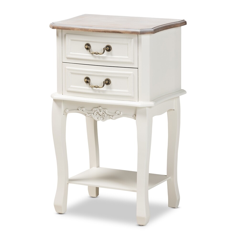 BAXTON STUDIO AMALIE ANTIQUE FRENCH COUNTRY COTTAGE TWO-TONE WHITE AND OAK FINISHED 2-DRAWER WOOD END TABLE
