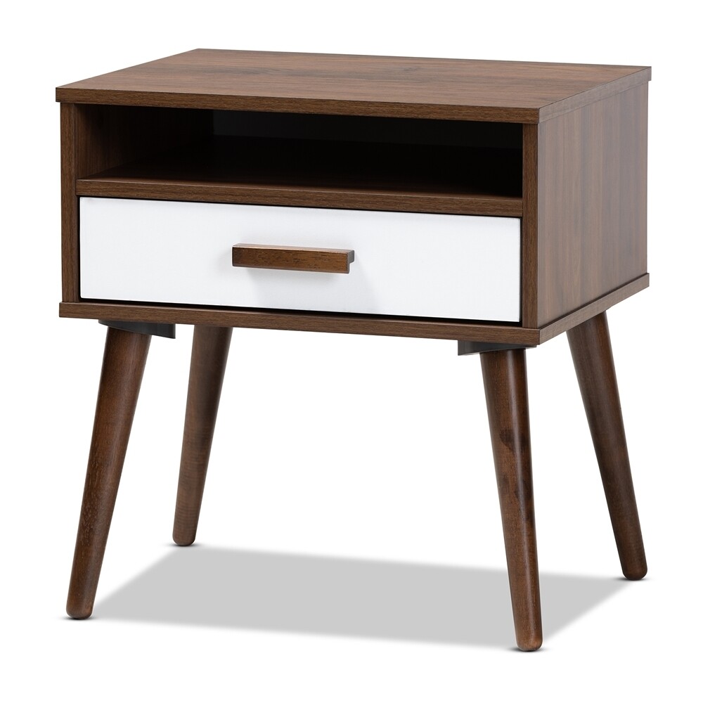 BAXTON STUDIO QUINN MID-CENTURY MODERN TWO-TONE WHITE AND WALNUT FINISHED 1-DRAWER WOOD END TABLE