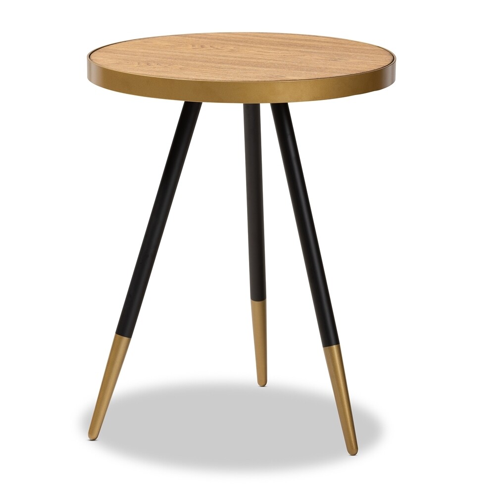BAXTON STUDIO LAURO MODERN AND CONTEMPORARY ROUND WALNUT WOOD AND METAL END TABLE WITH TWO-TONE BLACK AND GOLD LEGS