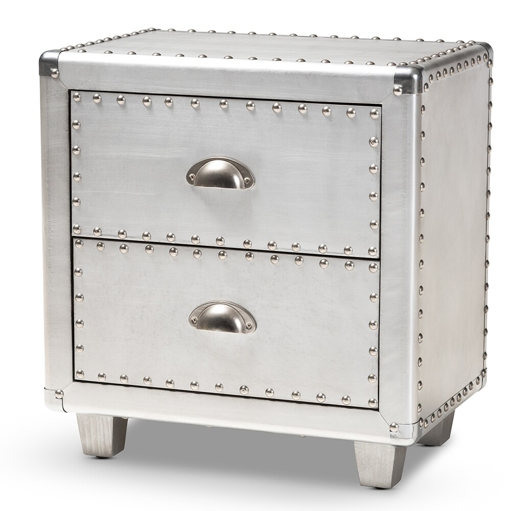 BAXTON STUDIO DAVET FRENCH INDUSTRIAL SILVER METAL 2-DRAWER END TABLE