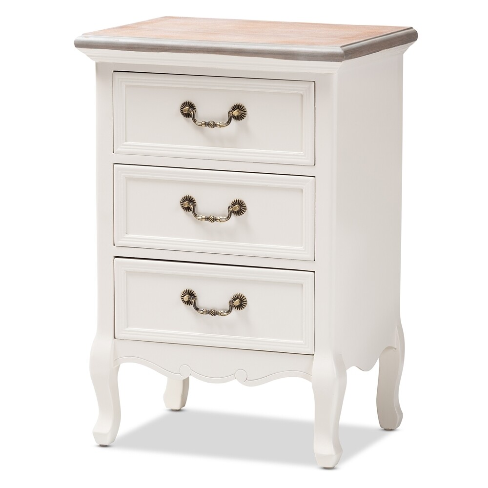BAXTON STUDIO CAPUCINE ANTIQUE FRENCH COUNTRY COTTAGE TWO TONE NATURAL WHITEWASHED OAK AND WHITE FINISHED WOOD 3-DRAWER END TABLE