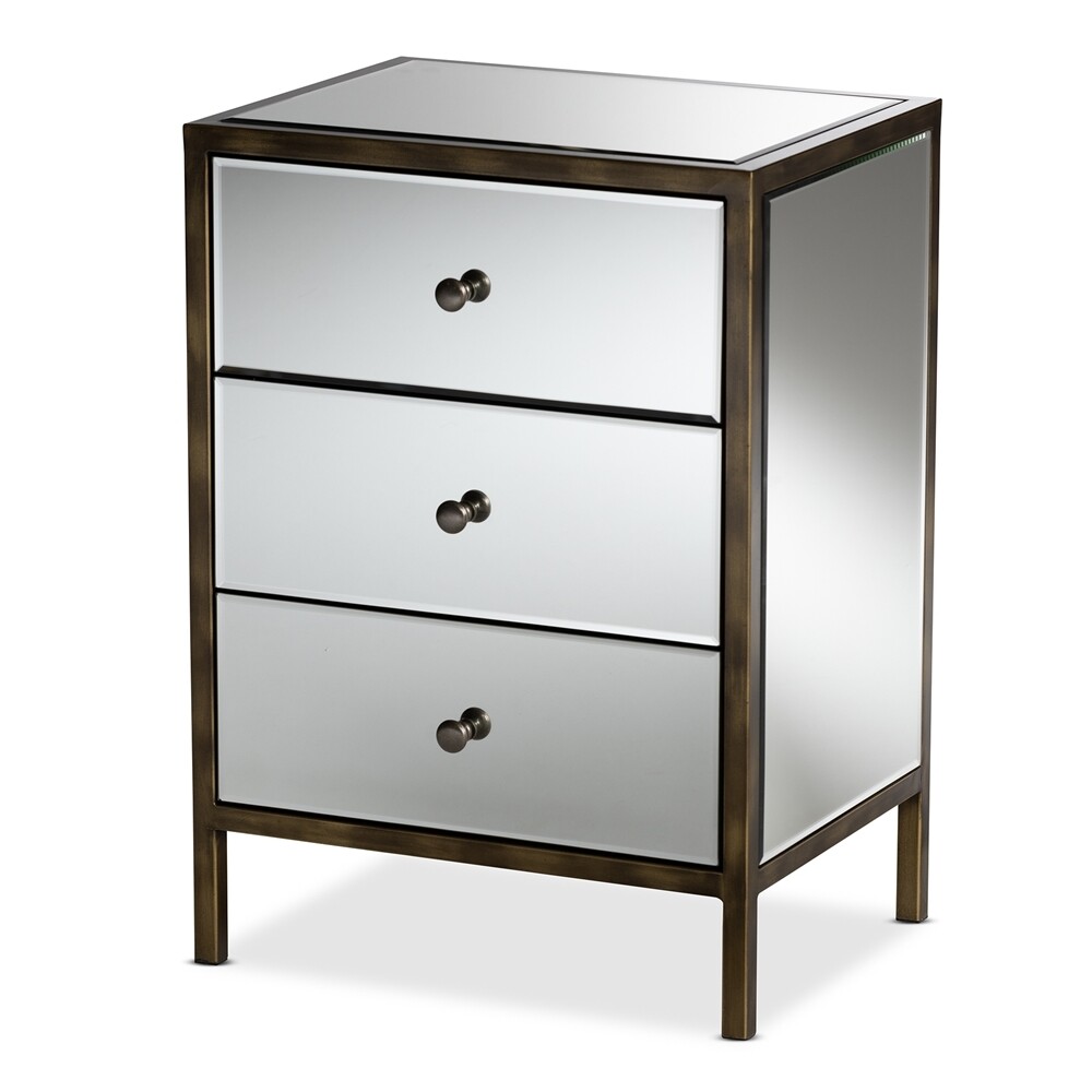 BAXTON STUDIO NOURIA MODERN AND CONTEMPORARY HOLLYWOOD REGENCY GLAMOUR STYLE MIRRORED 3-DRAWER END TABLE