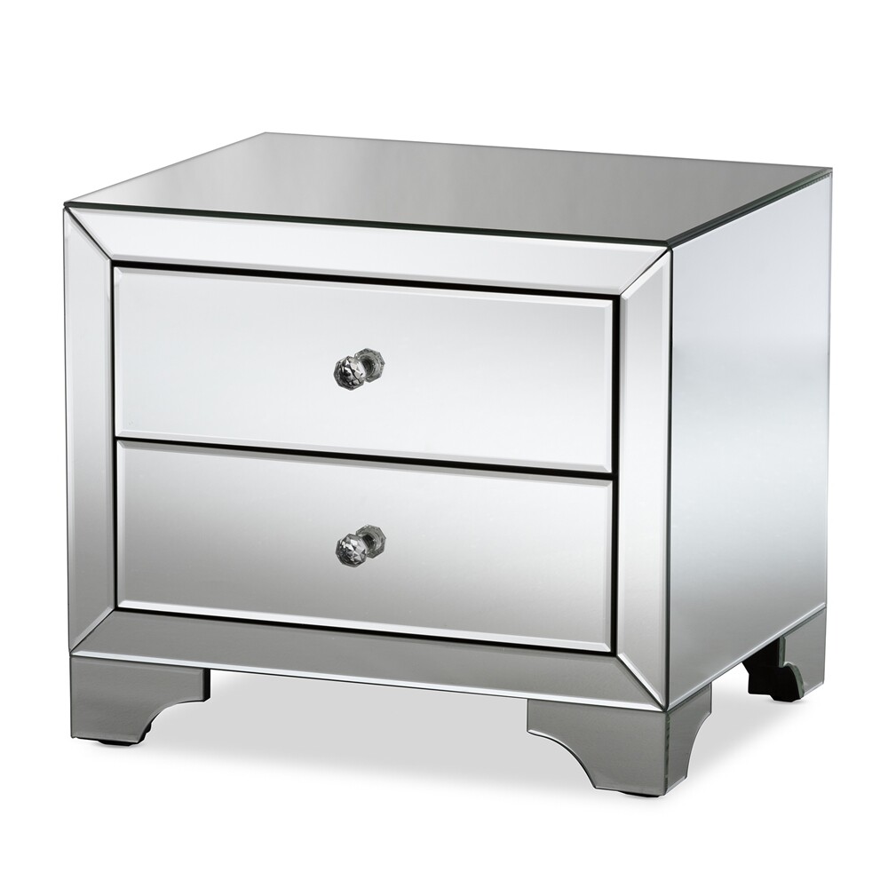 BAXTON STUDIO FARRAH HOLLYWOOD REGENCY GLAMOUR STYLE MIRRORED 2-DRAWER END TABLE