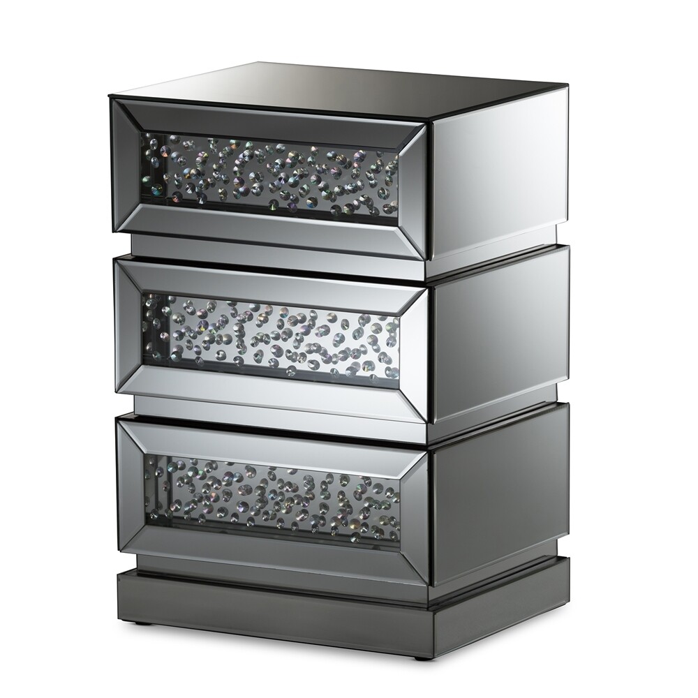 BAXTON STUDIO SABRINA HOLLYWOOD REGENCY GLAMOUR STYLE MIRRORED 3-DRAWER END TABLE