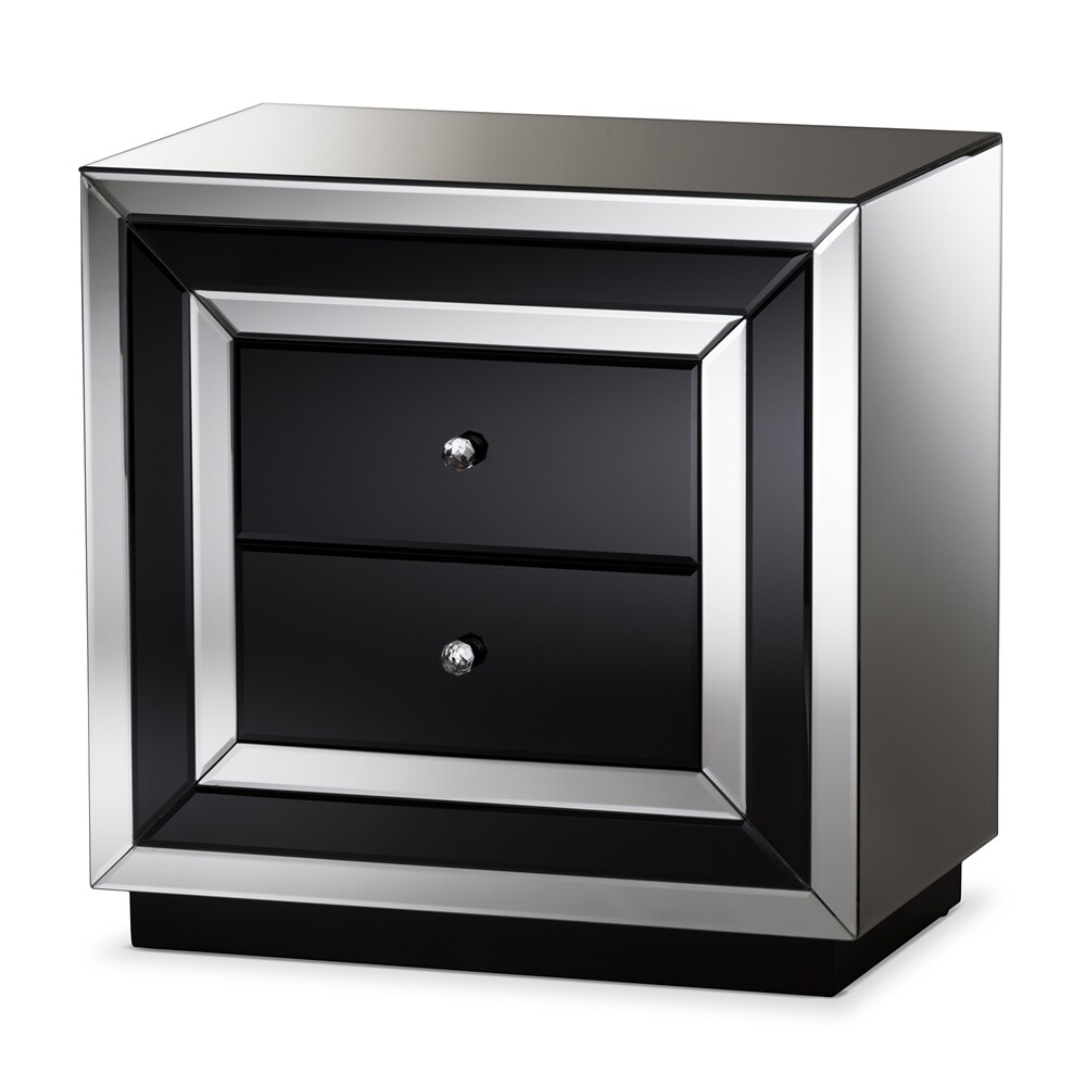 BAXTON STUDIO CECILIA HOLLYWOOD REGENCY GLAMOUR STYLE MIRRORED 2-DRAWER END TABLE