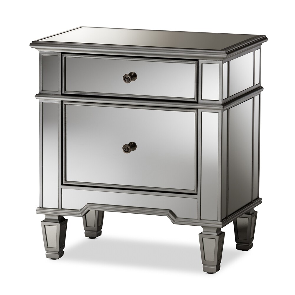 BAXTON STUDIO SUSSIE HOLLYWOOD REGENCY GLAMOUR STYLE MIRRORED 2-DRAWER END TABLE