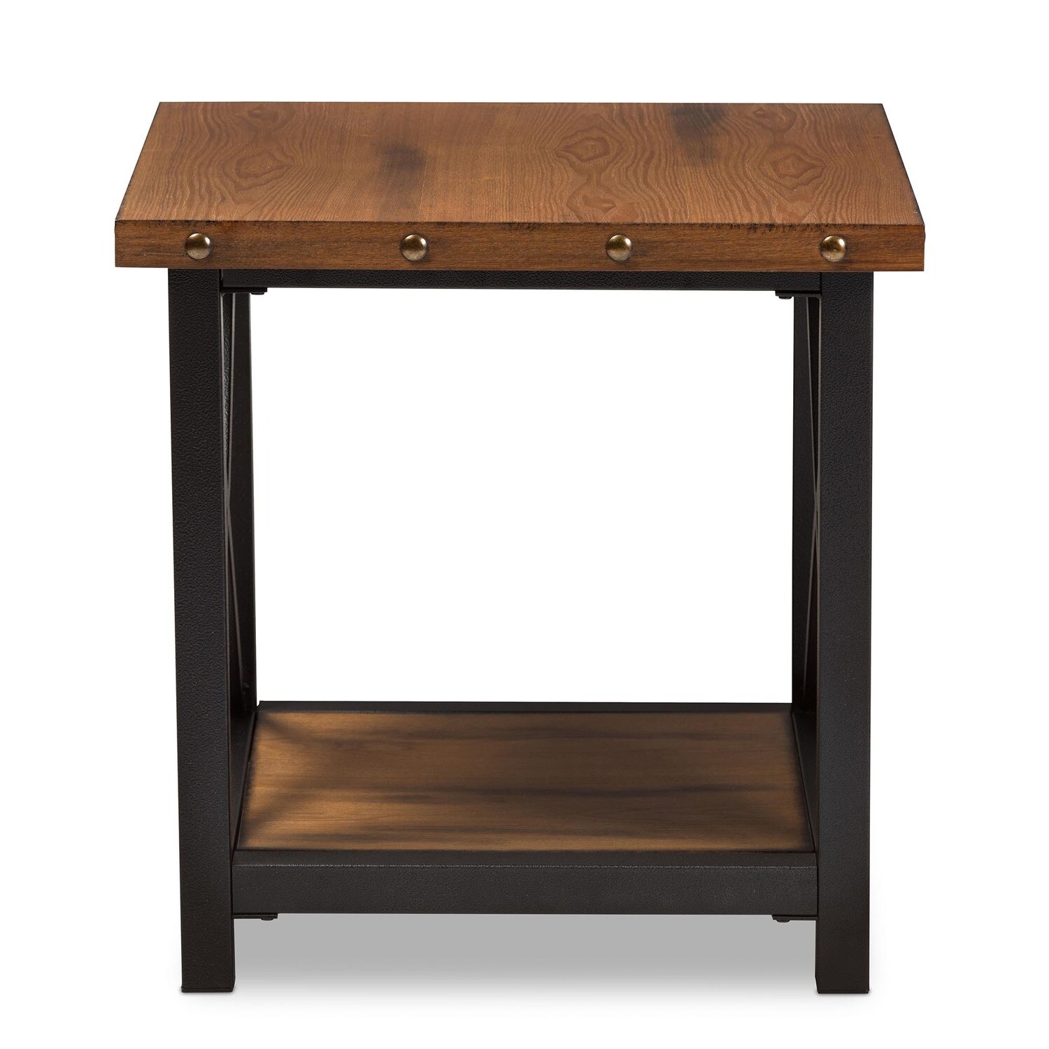 BAXTON STUDIO HERZEN RUSTIC INDUSTRIAL STYLE ANTIQUE BLACK TEXTURED FINISHED METAL DISTRESSED WOOD OCCASIONAL END TABLE