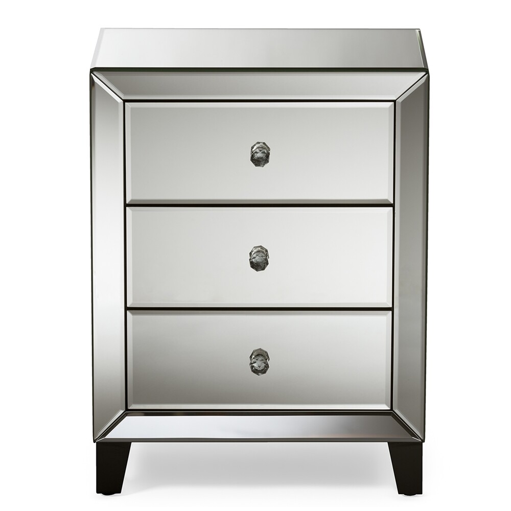 BAXTON STUDIO CHEVRON MODERN AND CONTEMPORARY HOLLYWOOD REGENCY GLAMOUR STYLE MIRRORED 3-DRAWERS END TABLE END TABLE