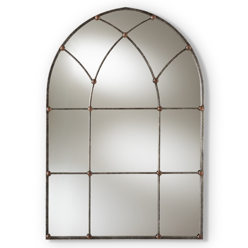 BAXTON STUDIO TOVA VINTAGE FARMHOUSE ANTIQUE SILVER FINISHED ARCHED WINDOW ACCENT WALL MIRROR