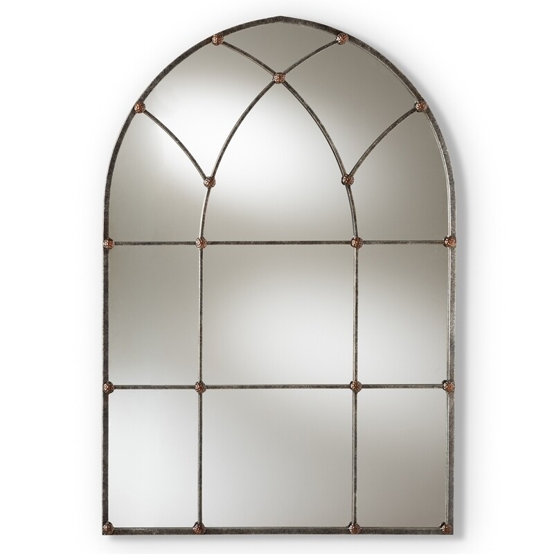 BAXTON STUDIO TOVA VINTAGE FARMHOUSE ANTIQUE SILVER FINISHED ARCHED WINDOW ACCENT WALL MIRROR