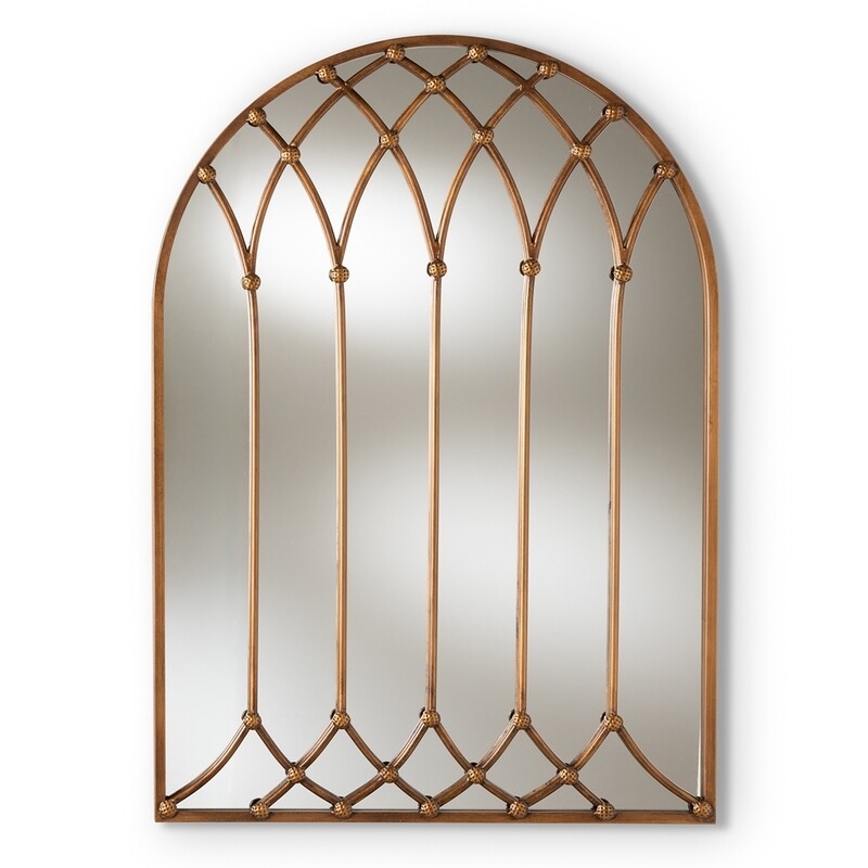 BAXTON STUDIO FREJA VINTAGE FARMHOUSE ANTIQUE BRONZE FINISHED ARCHED WINDOW ACCENT WALL MIRROR
