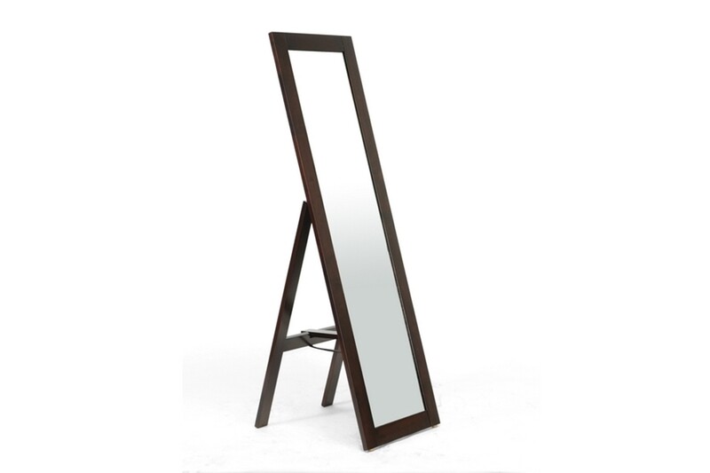 BAXTON STUDIO LUND DARK BROWN WOOD MODERN MIRROR WITH BUILT-IN STAND