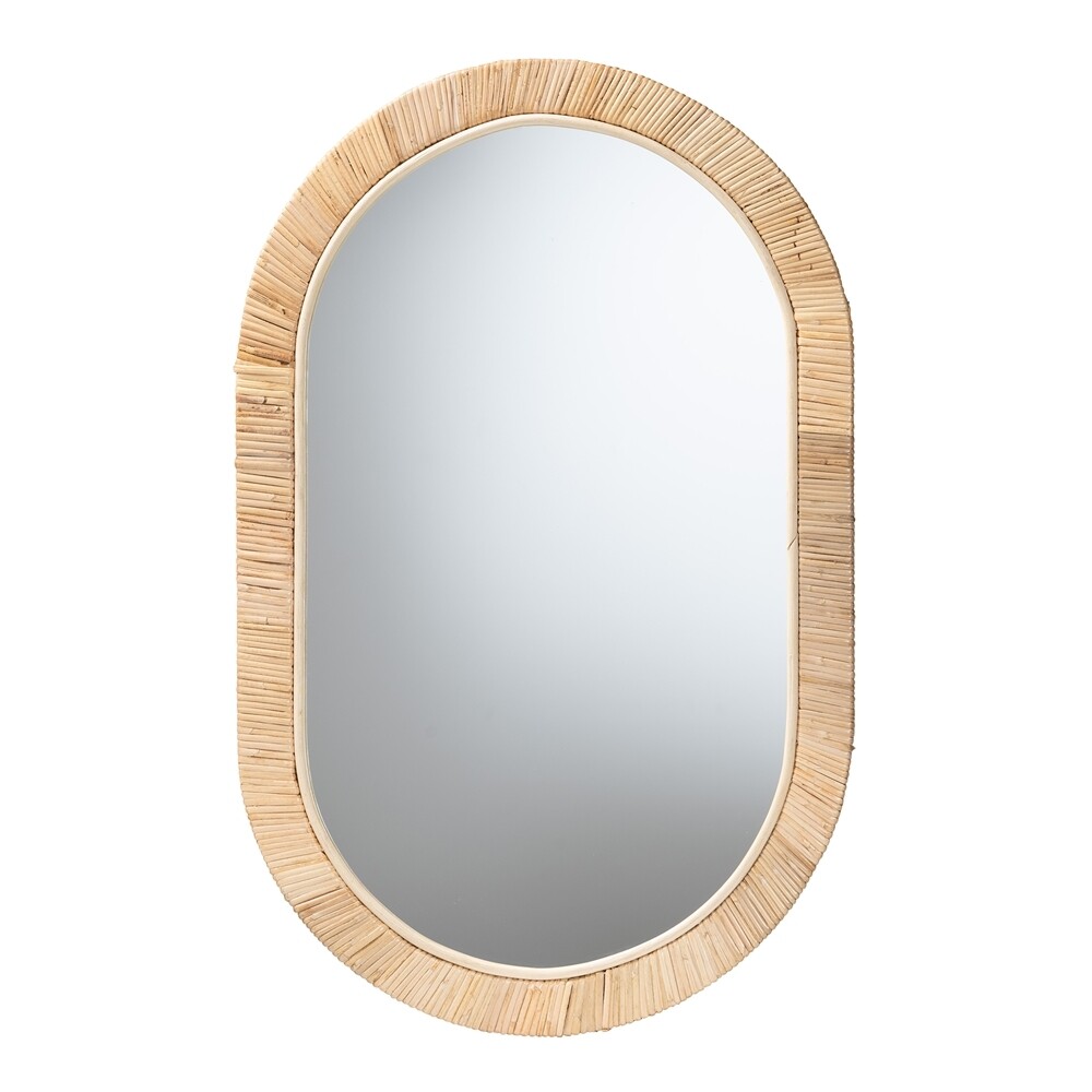 BALI & PARI BELLA MODERN BOHEMIAN NATURAL BROWN MAHOGNAY WOOD AND NATURAL RATTAN OVAL MIRROR