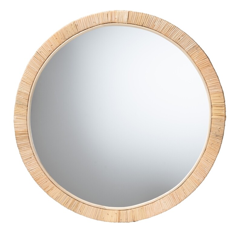 BALI & PARI BELLA MODERN BOHEMIAN NATURAL BROWN MAHOGNAY WOOD AND NATURAL RATTAN ROUND MIRROR