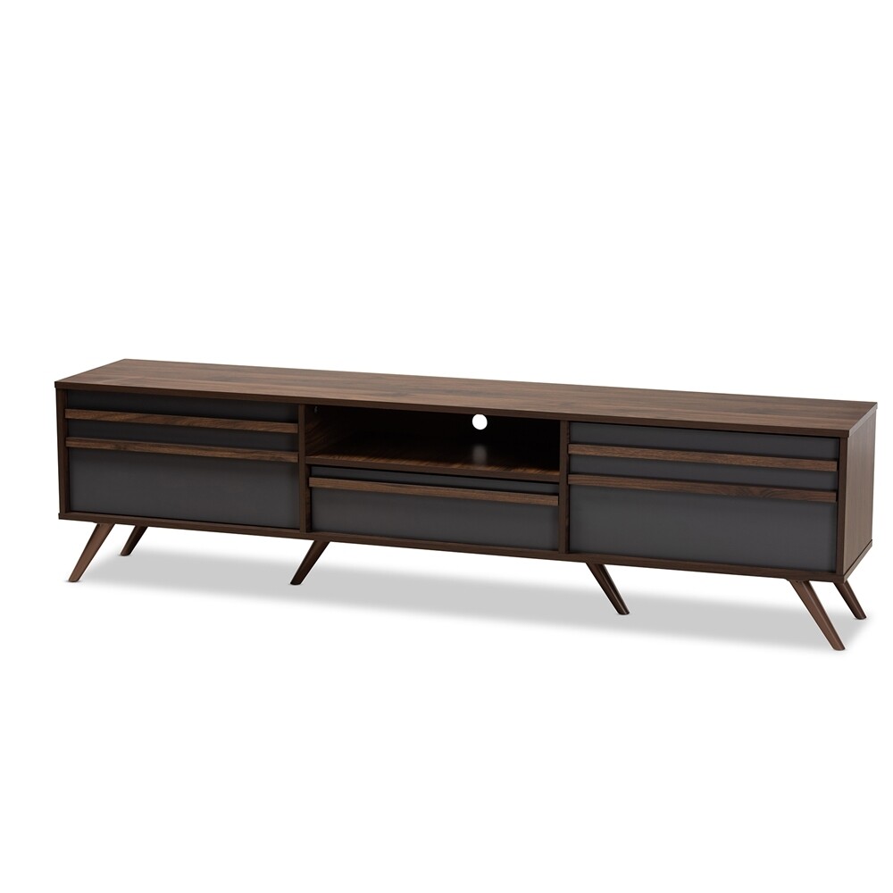 BAXTON STUDIO NAOKI MODERN AND CONTEMPORARY TWO-TONE GREY AND WALNUT FINISHED WOOD TV STAND WITH DROP-DOWN COMPARTMENTS
