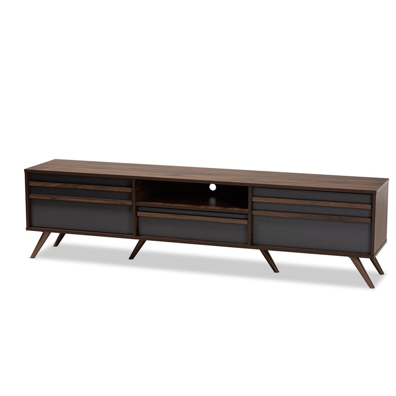 BAXTON STUDIO NAOKI MODERN AND CONTEMPORARY TWO-TONE GREY AND WALNUT FINISHED WOOD TV STAND WITH DROP-DOWN COMPARTMENTS