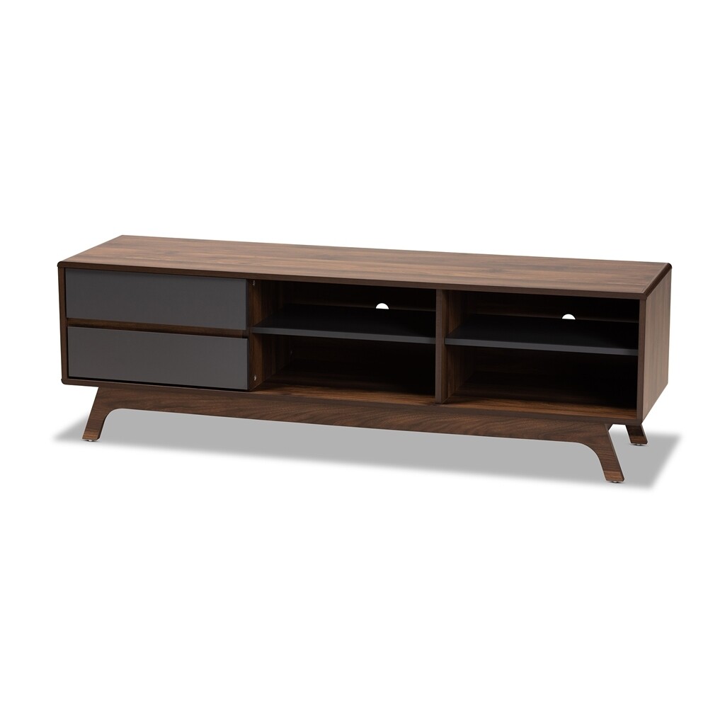 BAXTON STUDIO KOJI MID-CENTURY MODERN TWO-TONE GREY AND WALNUT FINISHED WOOD 2-DRAWER TV STAND