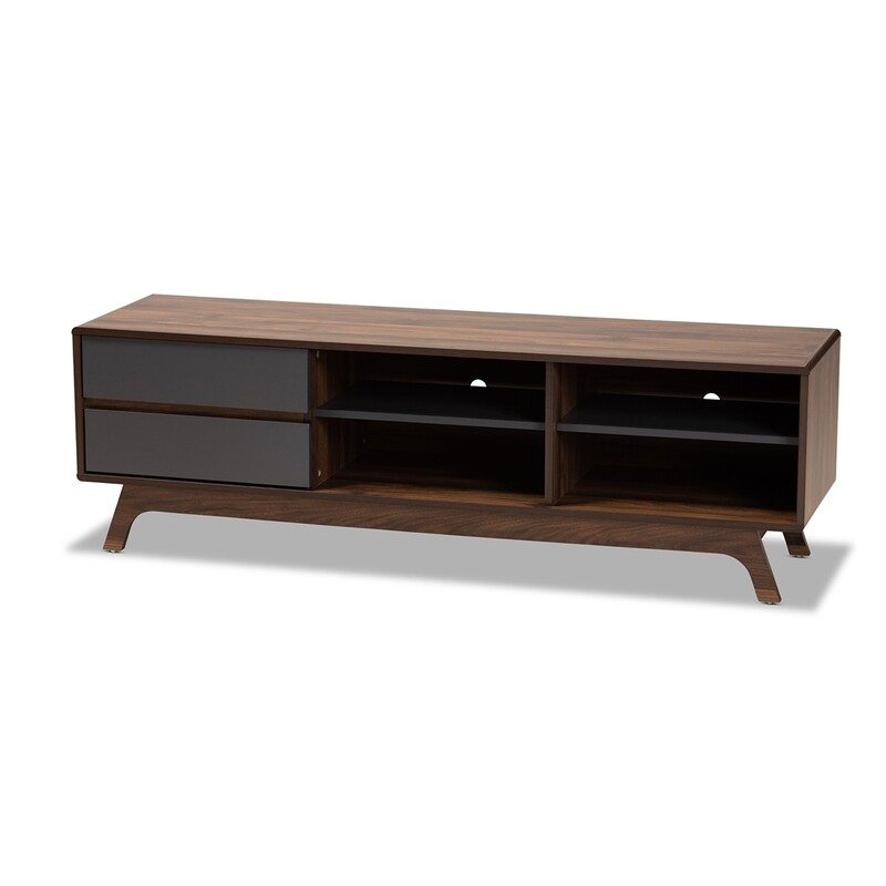 BAXTON STUDIO KOJI MID-CENTURY MODERN TWO-TONE GREY AND WALNUT FINISHED WOOD 2-DRAWER TV STAND