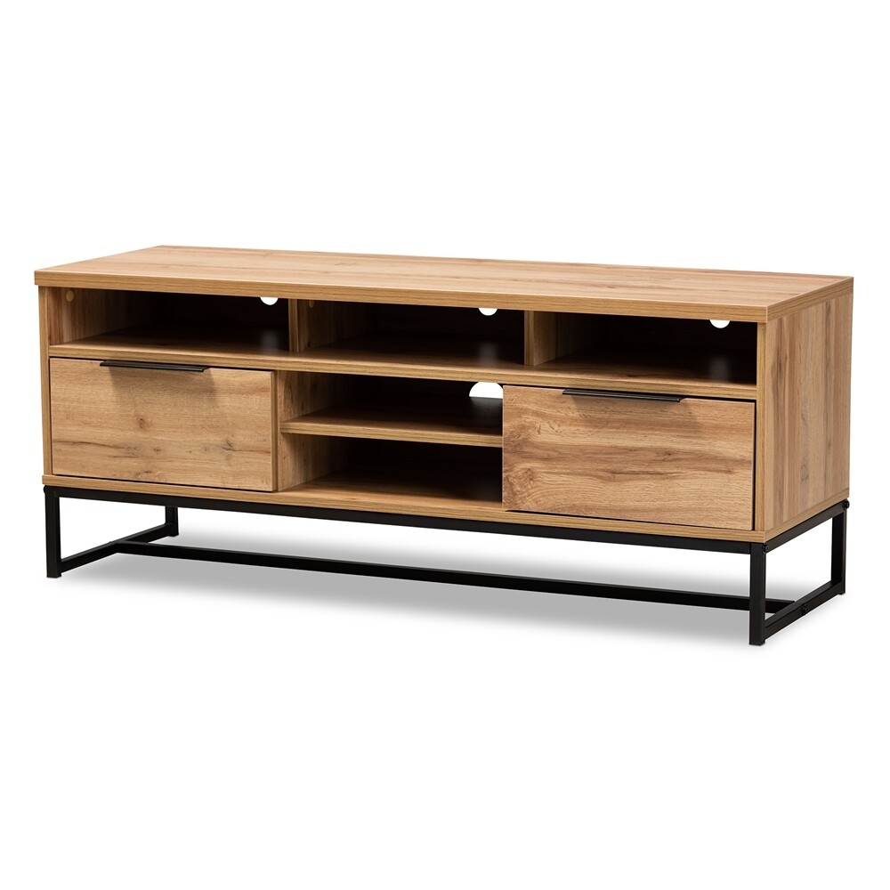 BAXTON STUDIO REID MODERN AND CONTEMPORARY INDUSTRIAL OAK FINISHED WOOD AND BLACK METAL 2-DRAWER TV STAND