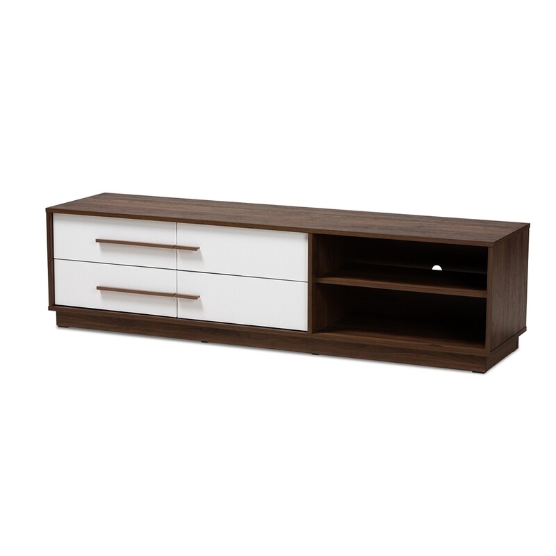 BAXTON STUDIO METTE MID-CENTURY MODERN TWO-TONE WHITE AND WALNUT FINISHED 4-DRAWER WOOD TV STAND