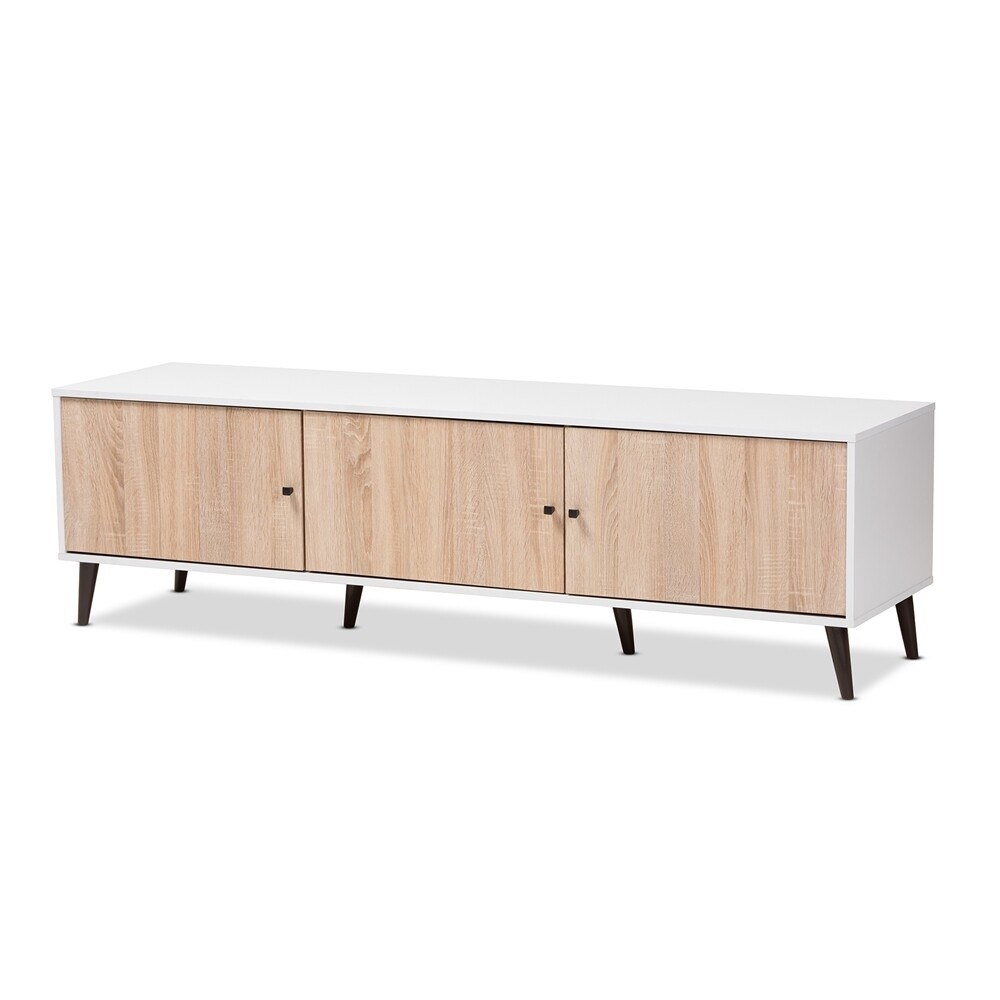 BAXTON STUDIO BASTIEN MID-CENTURY MODERN WHITE AND LIGHT OAK 6-SHELF TV STAND