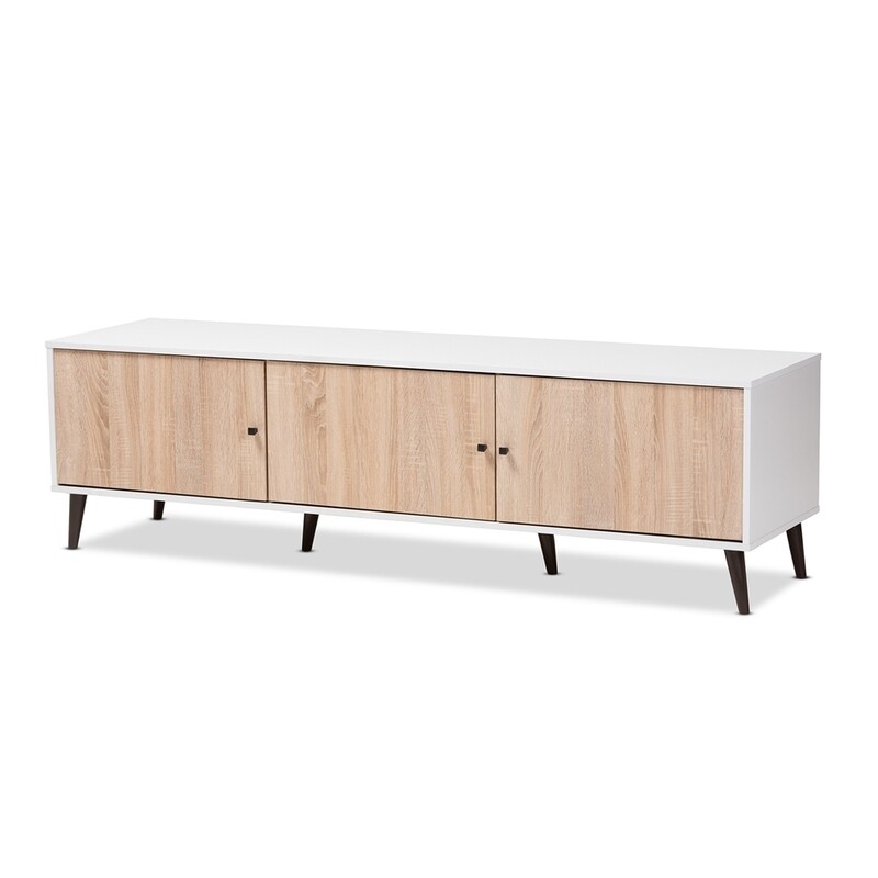 BAXTON STUDIO BASTIEN MID-CENTURY MODERN WHITE AND LIGHT OAK 6-SHELF TV STAND
