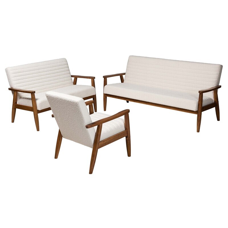 BAXTON STUDIO STRATTON MID-CENTURY MODERN CREAM BOUCLE FABRIC AND WALNUT BROWN FINISHED WOOD 3-PIECE LIVING ROOM SET