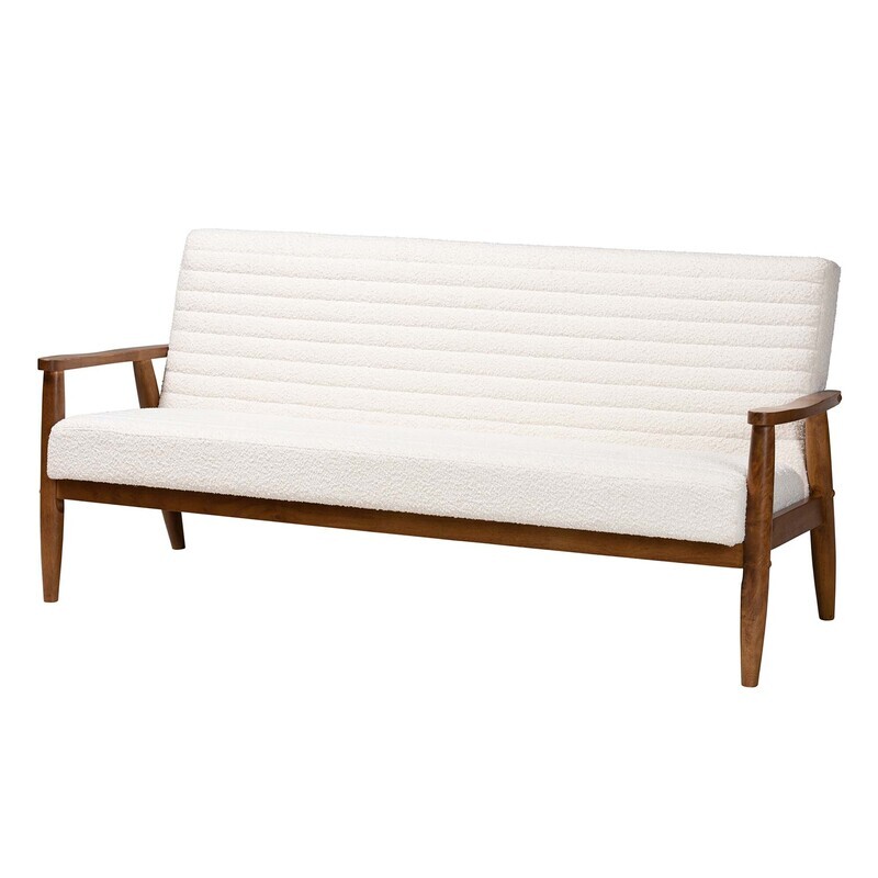 BAXTON STUDIO STRATTON MID-CENTURY MODERN CREAM BOUCLE FABRIC AND WALNUT BROWN FINISHED WOOD SOFA