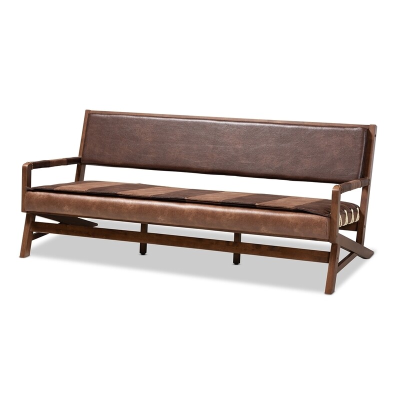 BAXTON STUDIO ROVELYN RUSTIC BROWN FAUX LEATHER UPHOLSTERED WALNUT FINISHED WOOD SOFA