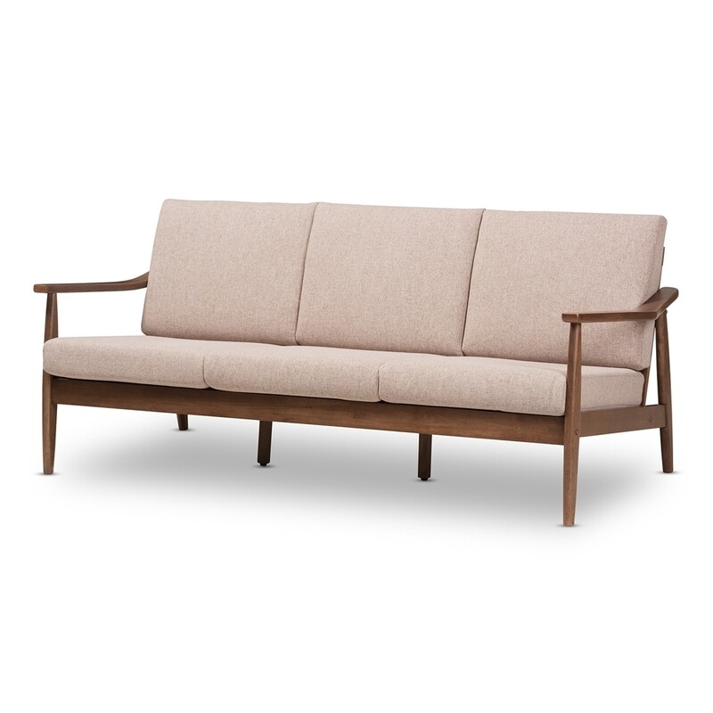 BAXTON STUDIO VENZA MID-CENTURY MODERN WALNUT WOOD LIGHT BROWN FABRIC UPHOLSTERED 3-SEATER SOFA
