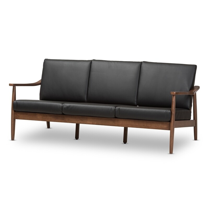 BAXTON STUDIO VENZA MID-CENTURY MODERN WALNUT WOOD BLACK FAUX LEATHER 3-SEATER SOFA