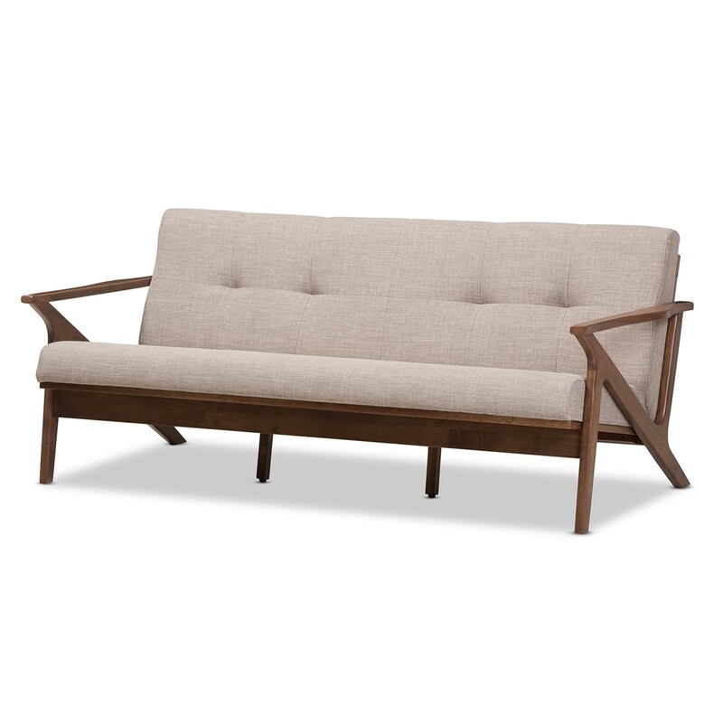 BAXTON STUDIO BIANCA MID-CENTURY MODERN WALNUT WOOD LIGHT GREY FABRIC TUFTED 3-SEATER SOFA