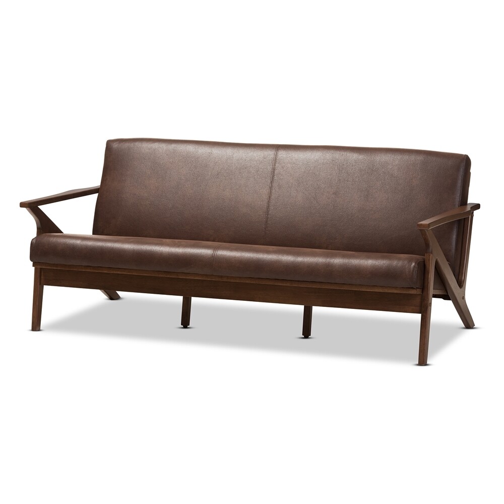 BAXTON STUDIO BIANCA MID-CENTURY MODERN WALNUT WOOD DARK BROWN DISTRESSED FAUX LEATHER 3-SEATER SOFA