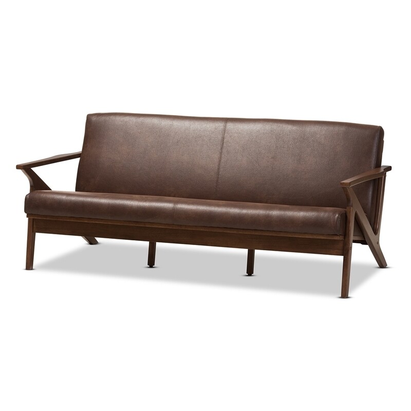 BAXTON STUDIO BIANCA MID-CENTURY MODERN WALNUT WOOD DARK BROWN DISTRESSED FAUX LEATHER 3-SEATER SOFA
