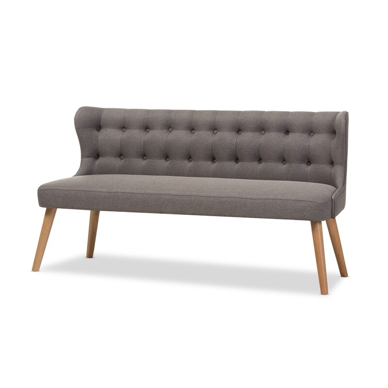 BAXTON STUDIO MELODY MID-CENTURY MODERN GREY FABRIC AND NATURAL WOOD FINISHING 3-SEATER SETTEE BENCH