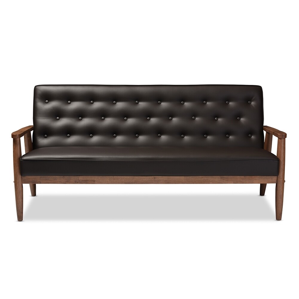 BAXTON STUDIO SORRENTO MID-CENTURY RETRO MODERN BROWN FAUX LEATHER UPHOLSTERED WOODEN 3-SEATER SOFA