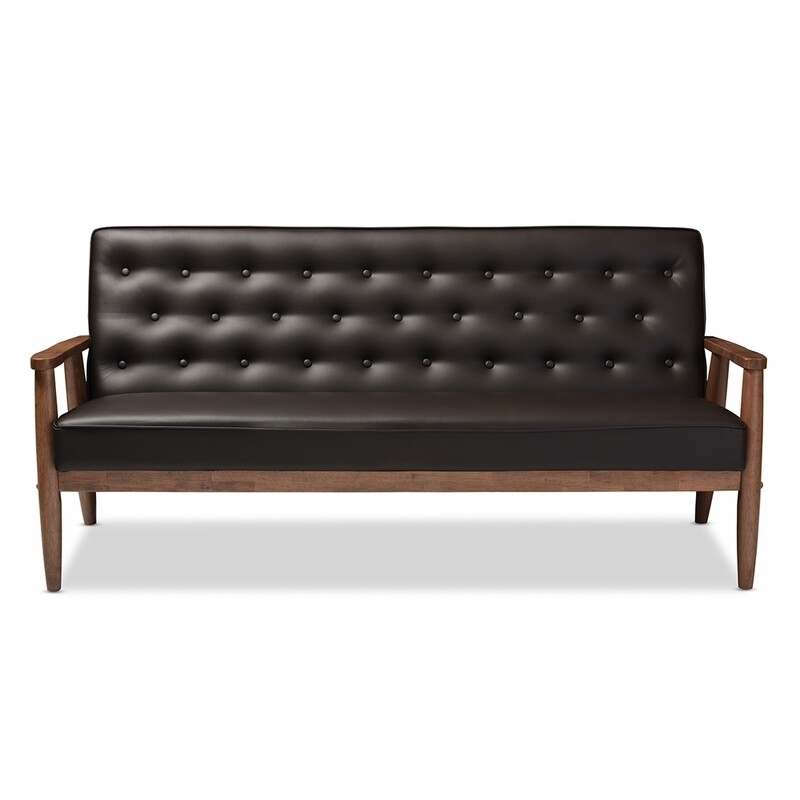 BAXTON STUDIO SORRENTO MID-CENTURY RETRO MODERN BROWN FAUX LEATHER UPHOLSTERED WOODEN 3-SEATER SOFA