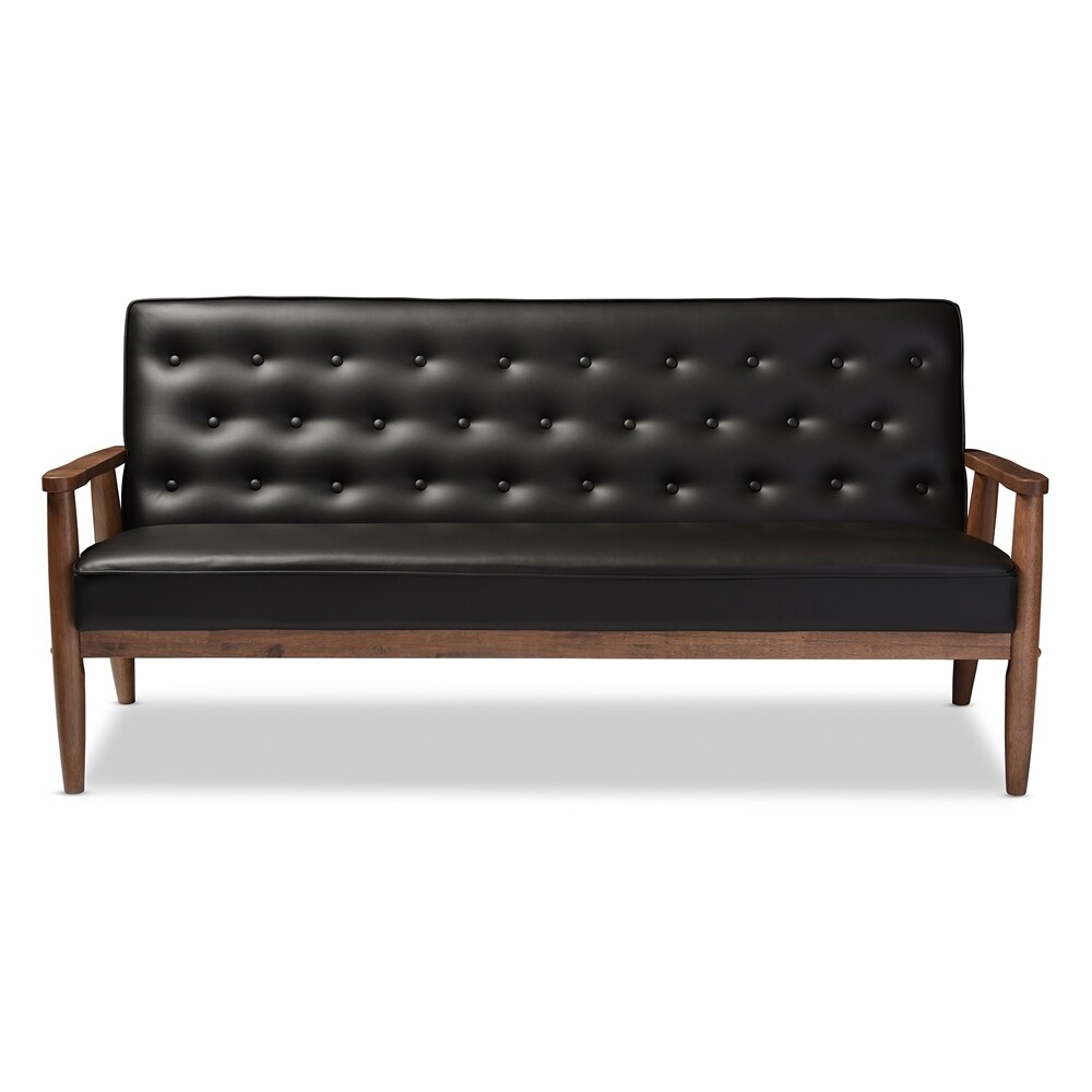BAXTON STUDIO SORRENTO MID-CENTURY RETRO MODERN BLACK FAUX LEATHER UPHOLSTERED WOODEN 3-SEATER SOFA
