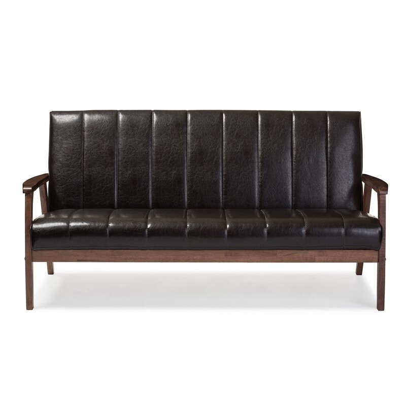 BAXTON STUDIO NIKKO MID-CENTURY MODERN SCANDINAVIAN STYLE DARK BROWN FAUX LEATHER WOODEN 3-SEATER SOFA