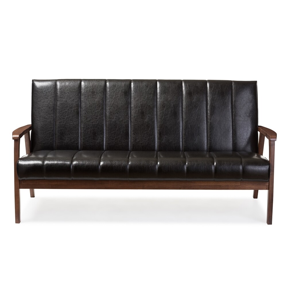 BAXTON STUDIO NIKKO MID-CENTURY MODERN SCANDINAVIAN STYLE BLACK FAUX LEATHER WOODEN 3-SEATER SOFA