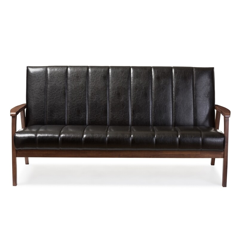 BAXTON STUDIO NIKKO MID-CENTURY MODERN SCANDINAVIAN STYLE BLACK FAUX LEATHER WOODEN 3-SEATER SOFA