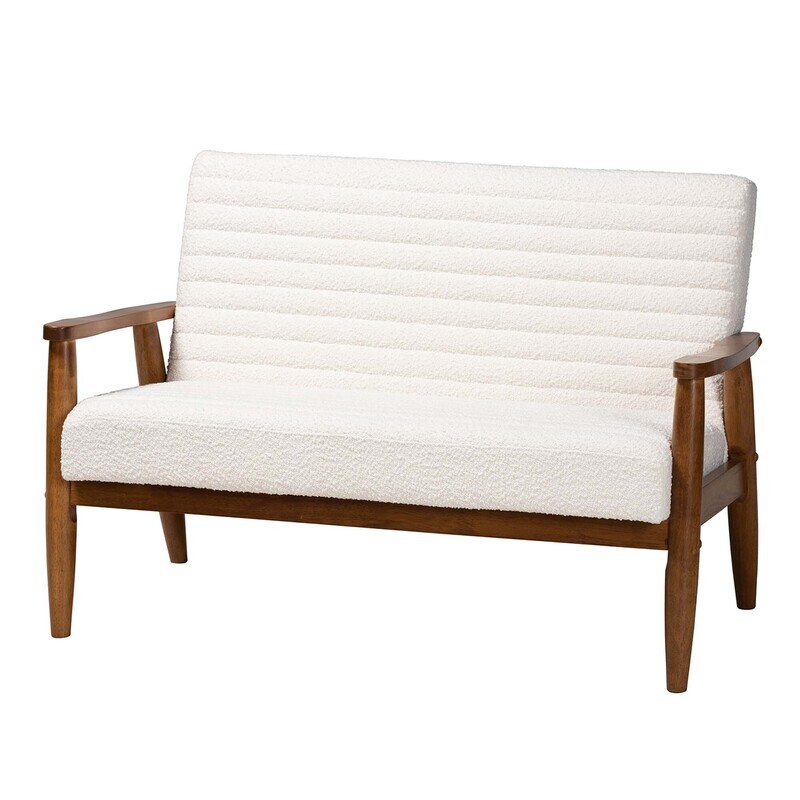 BAXTON STUDIO STRATTON MID-CENTURY MODERN CREAM BOUCLE FABRIC AND WALNUT BROWN FINISHED WOOD LOVESEAT