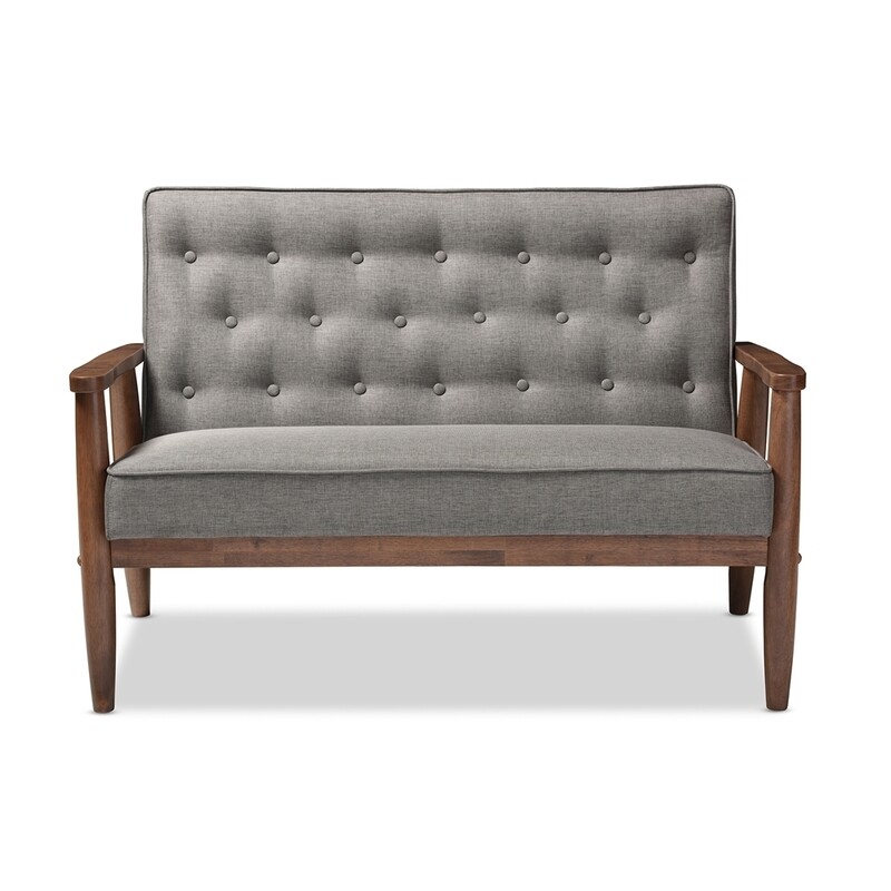 BAXTON STUDIO SORRENTO MID-CENTURY RETRO MODERN GREY FABRIC UPHOLSTERED WOODEN 2-SEATER LOVESEAT