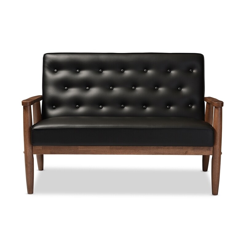 BAXTON STUDIO SORRENTO MID-CENTURY RETRO MODERN BLACK FAUX LEATHER UPHOLSTERED WOODEN 2-SEATER LOVESEAT